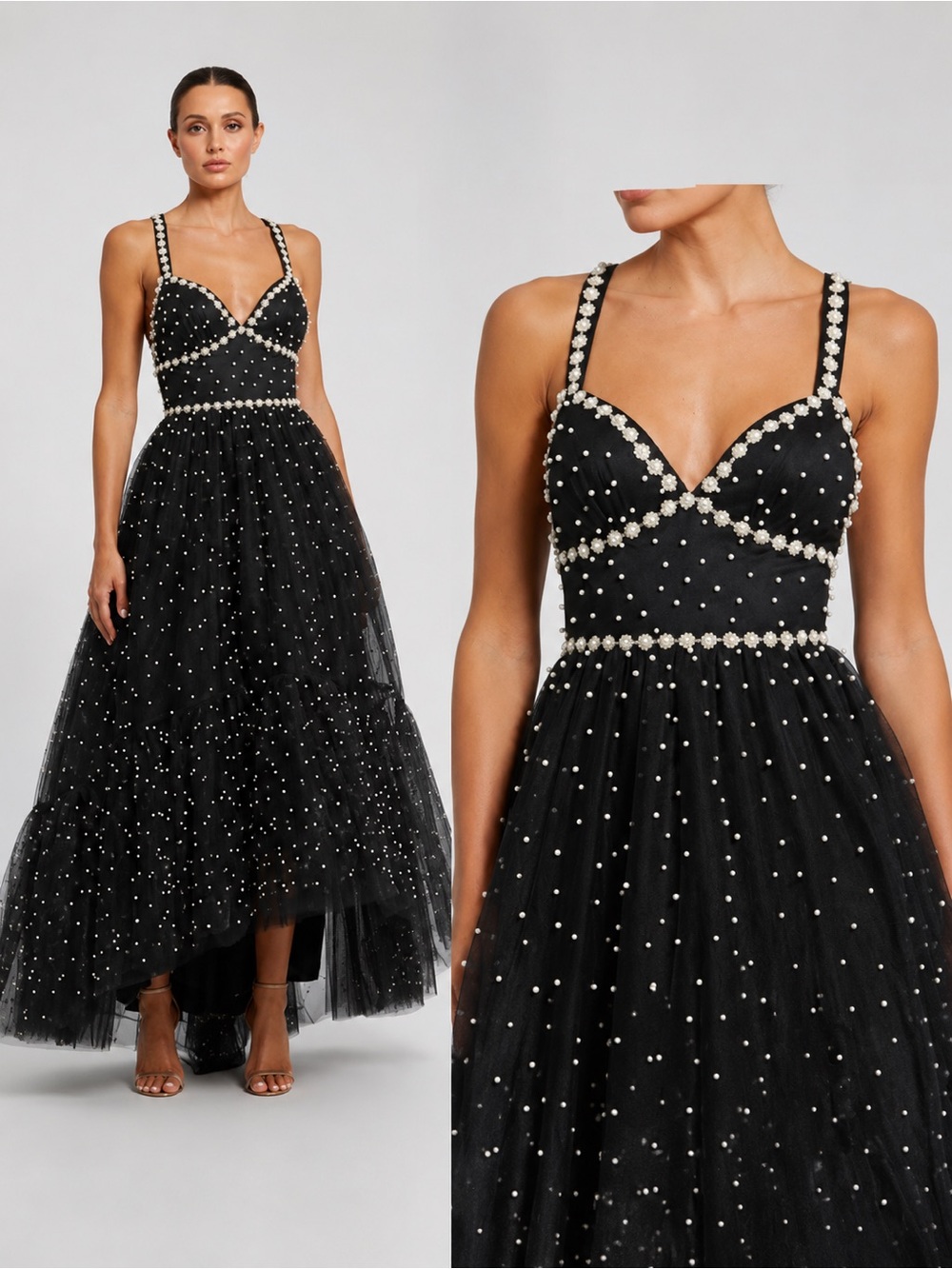 NWT Mac Duggal Black Pearl Beaded 20747 High Low Gown Size 2 and 4